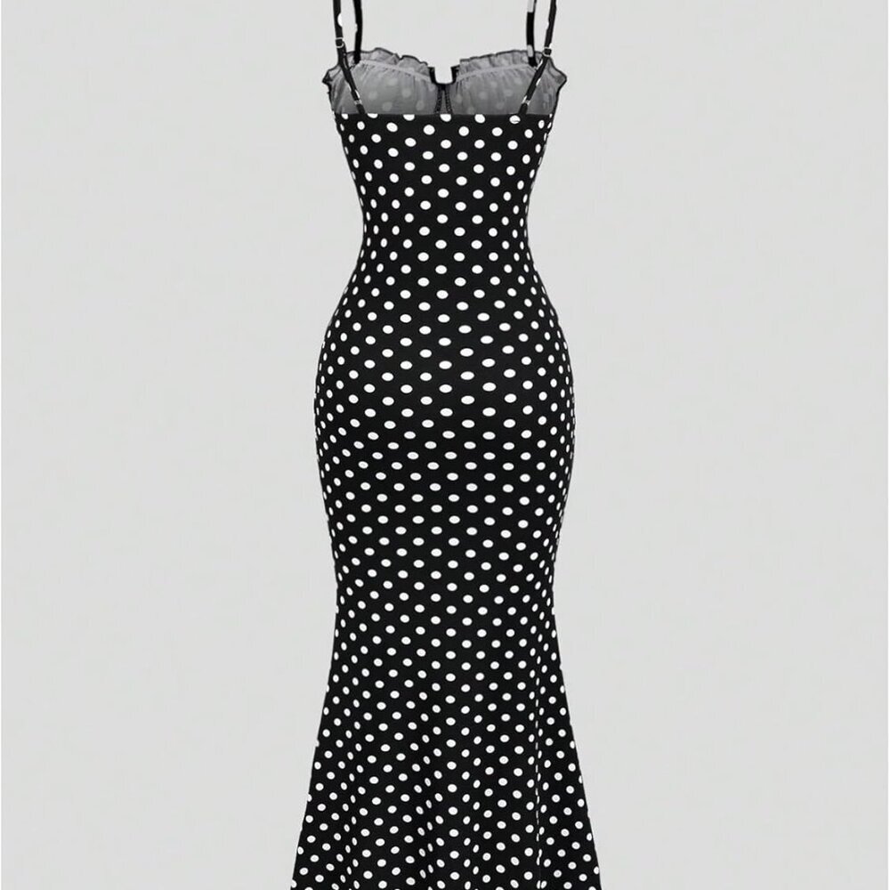 Women's Polka Dot Fishtail Maxi Dress with Ruched Bust Frill Trim - Picture 2 of 5